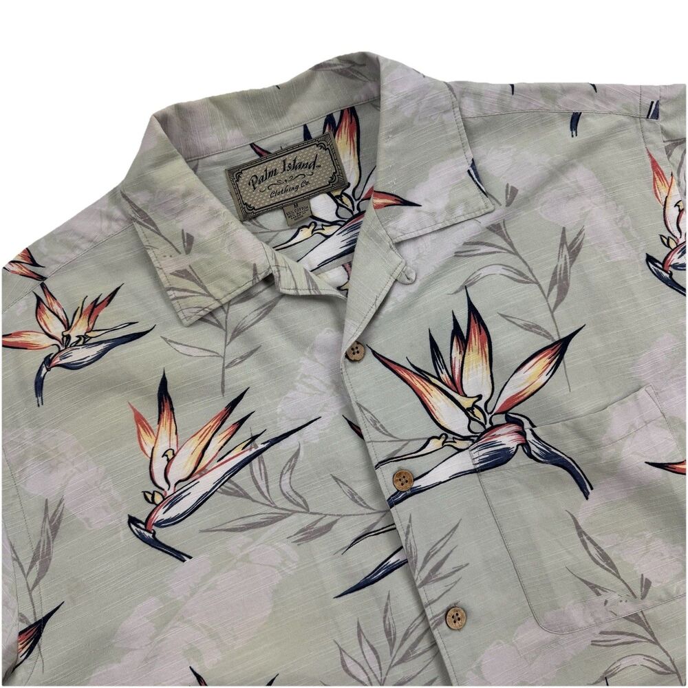 Palm Island Hawaiian Shirt Mens M Green Bird of Paradise Tropical Button Up